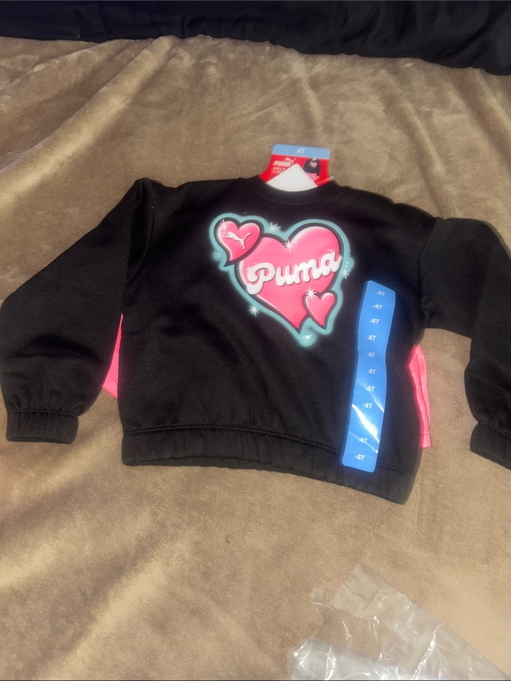 Puma Black Sweatshirt with Pink Heart Graphic with pink skort nwt